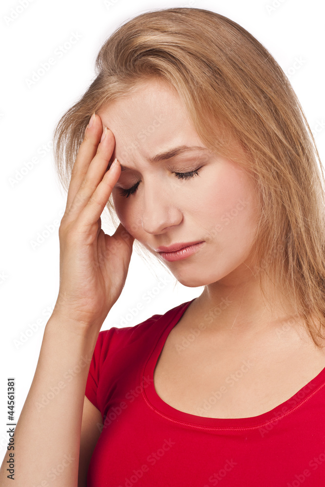 Woman has a headache. studio white background Woman has a headache. studio white background