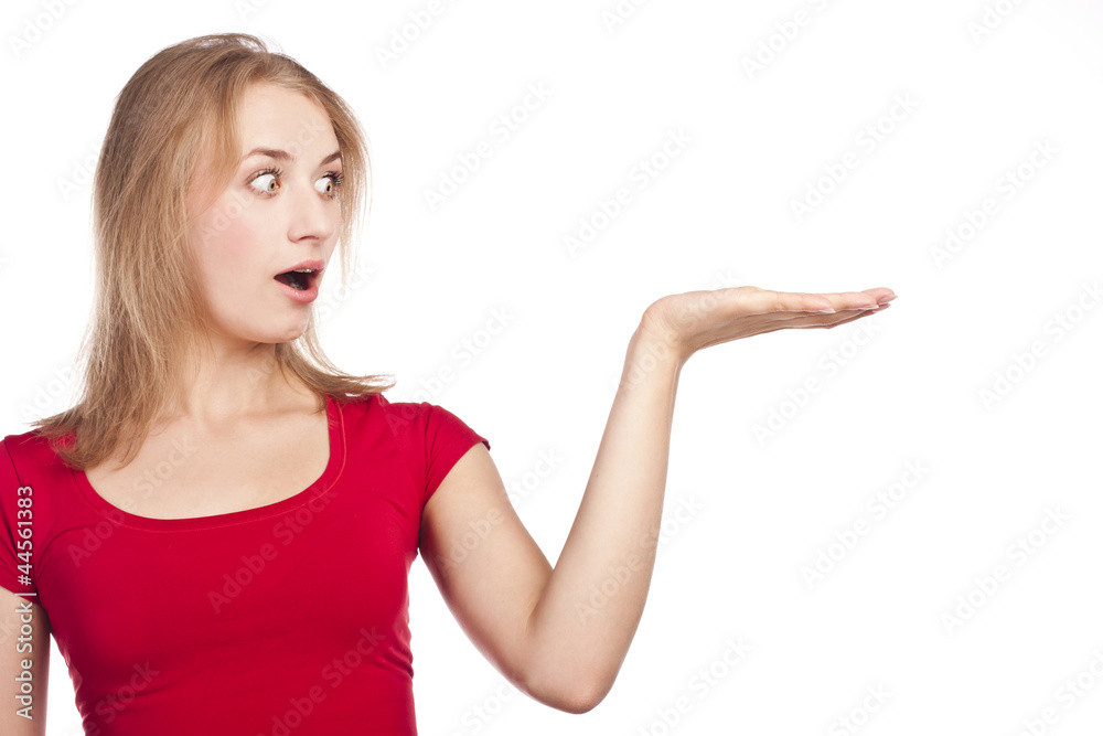 Attractive blond woman in red. Studio white background Attractive blond woman in red. Studio white background