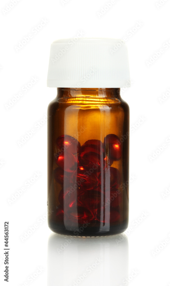 Jar with colorful beads isolated on white close-up Jar with colorful beads isolated on white close-up