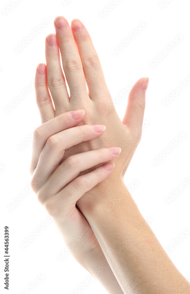 one woman hand massaged other, isolated on white one woman hand massaged other, isolated on white