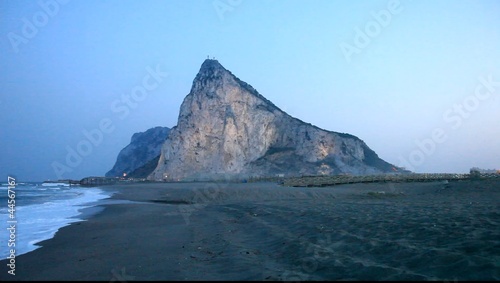 The Rock of Gibraltar illuminated at dusk