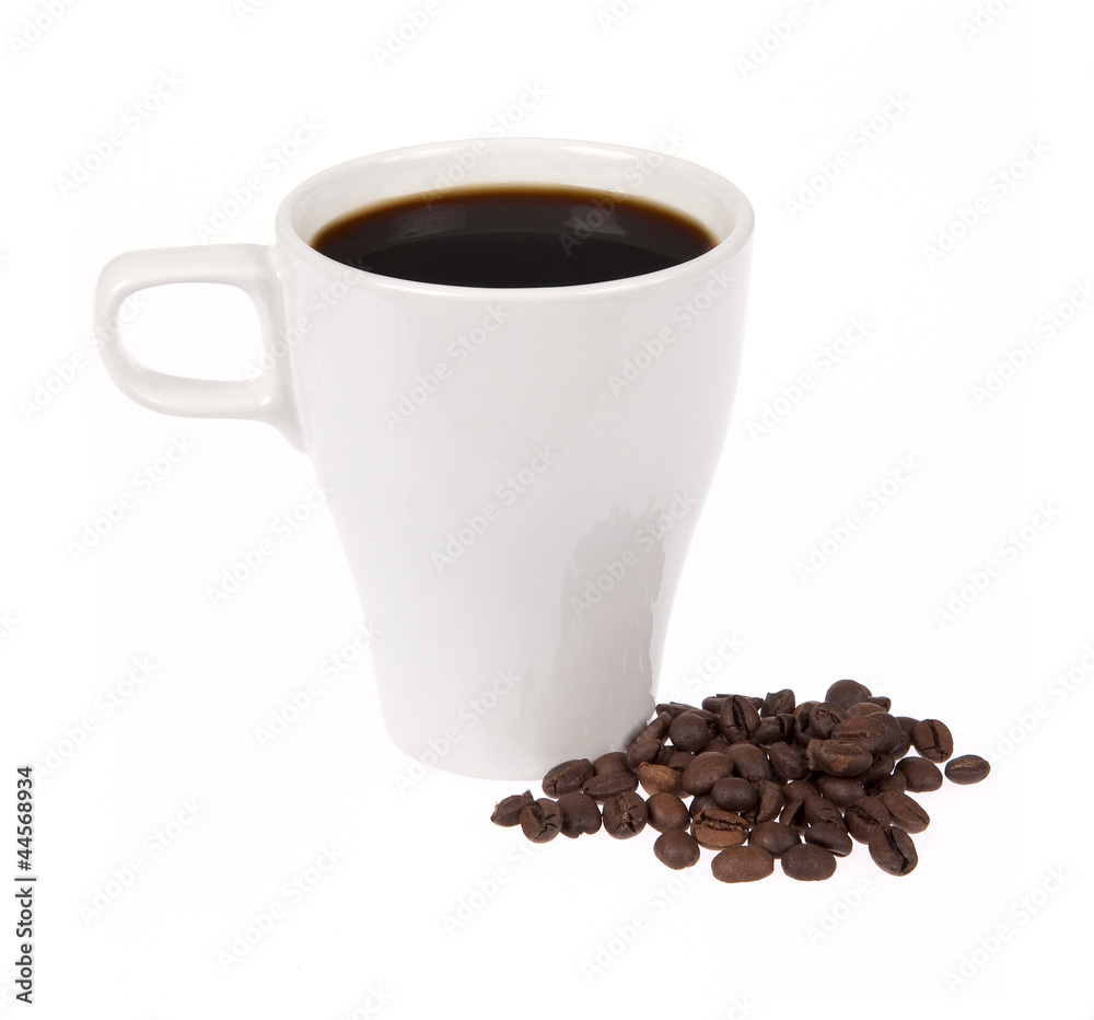 Coffee cup with coffee beans isolated on white