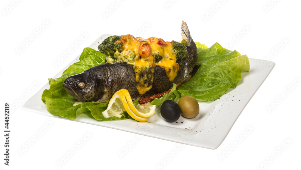 trout fish baked with shrimps and cauliflower trout fish baked with shrimps and cauliflower