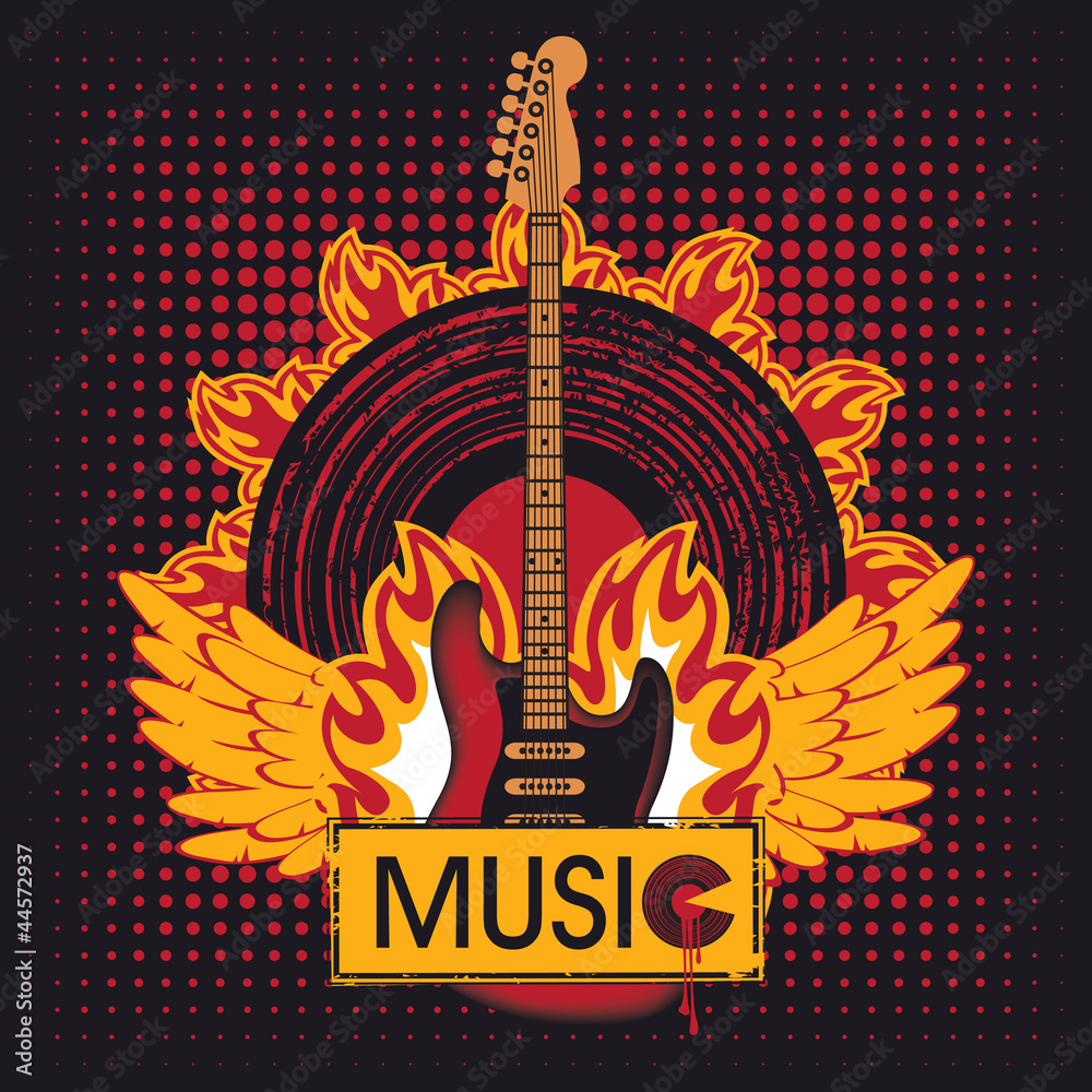Fototapeta premium electric guitar against the vinyl disc on fire