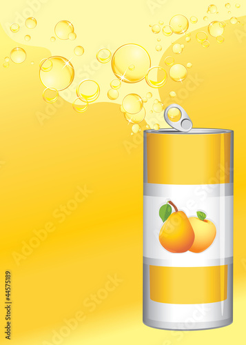 Opened aluminum can with fruit lemonade on the yellow background