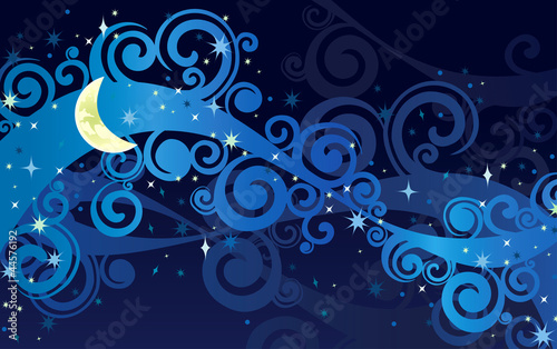 Night starry sky with yellow moon
