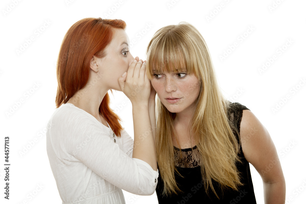 young beautiful red and blond haired girls telling a secret young beautiful red and blond haired girls telling a secret