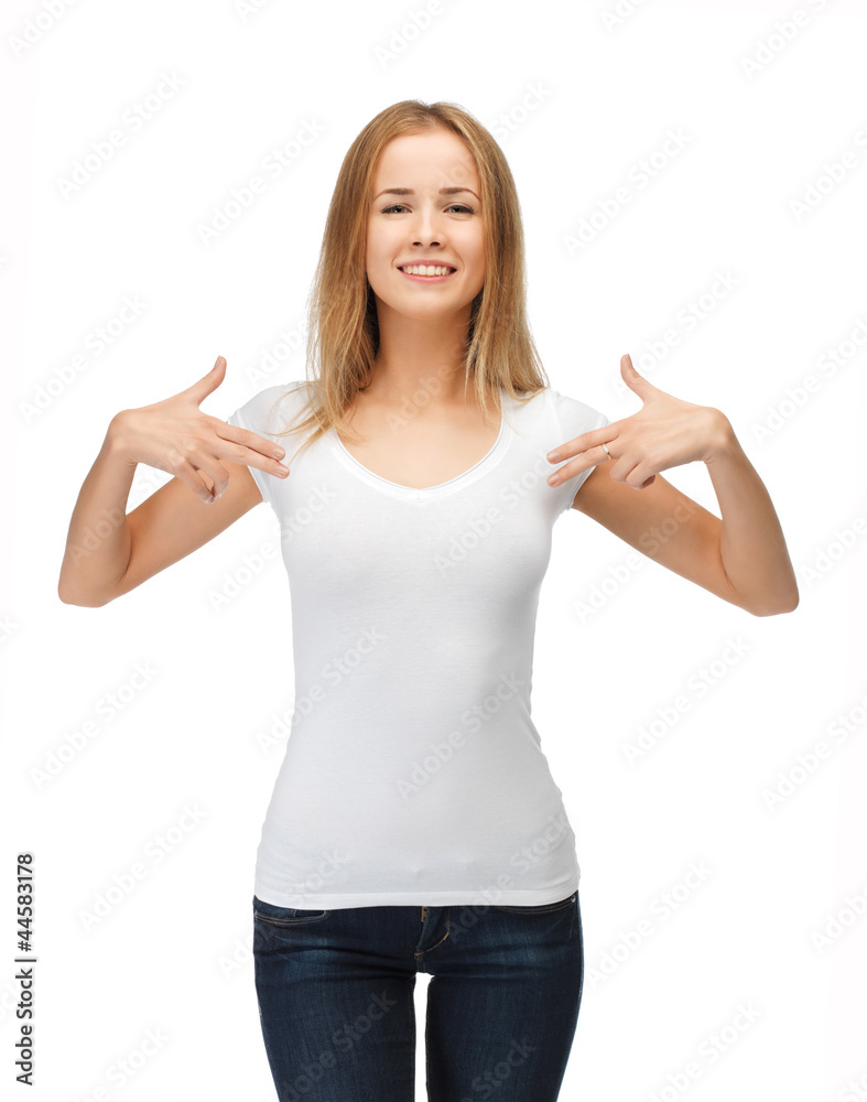smiling teenage girl in blank white t-shirt smiling teenage girl in blank white t-shirt