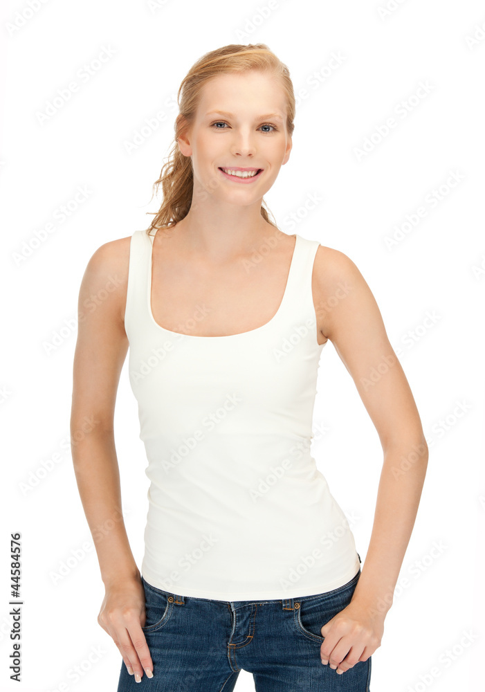 girl in blank white t-shirt showing victory sign girl in blank white t-shirt showing victory sign