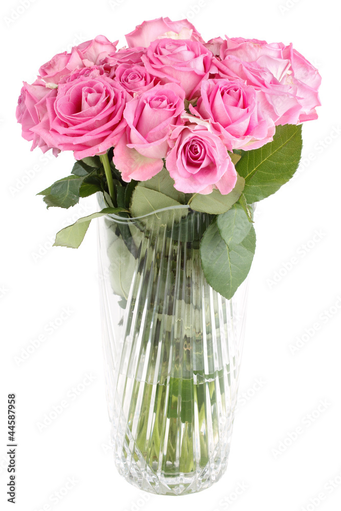 Pink rose bouquet in vase, isolated on white Pink rose bouquet in vase, isolated on white