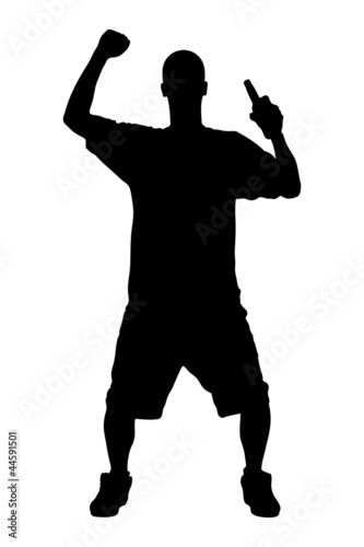 A silhouette of a male sport fan with a beer