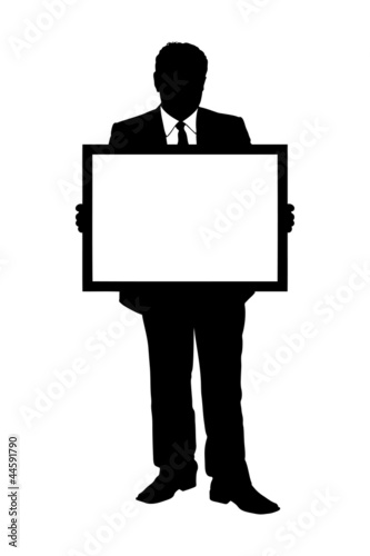 A silhouette of a mature man holding a white panel