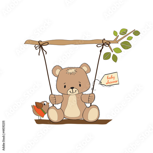 baby shower card with teddy bear in a swing