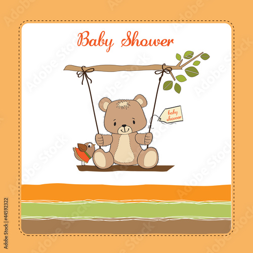 baby shower card with teddy bear in a swing