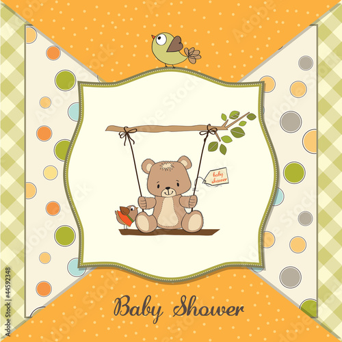 baby shower card with teddy bear in a swing