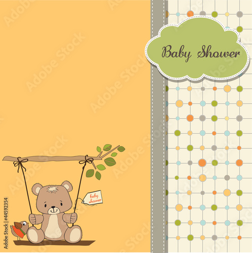 baby shower card with teddy bear in a swing