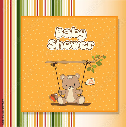 baby shower card with teddy bear in a swing