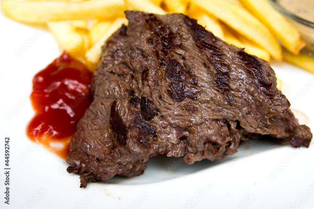 juicy steak beef meat with tomato and french fries juicy steak beef meat with tomato and french fries
