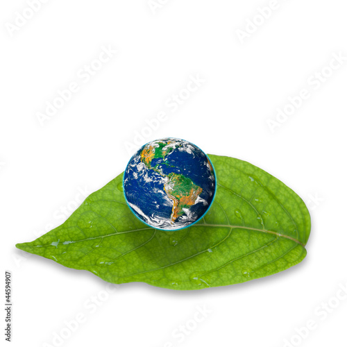 Planet earth on green leaf isolated on white background