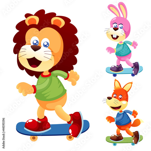 Fototapeta Naklejka Na Ścianę i Meble -  Illustration of cute animals on Skateboard