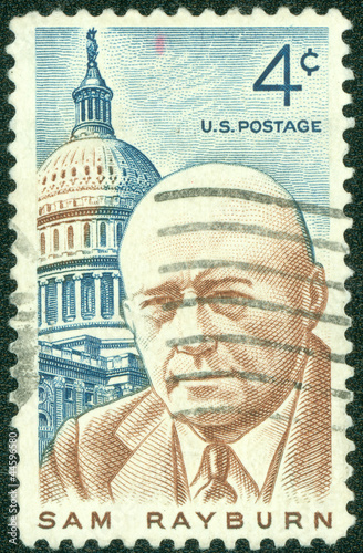 stamp shows a portrait Sam Rayburn photo