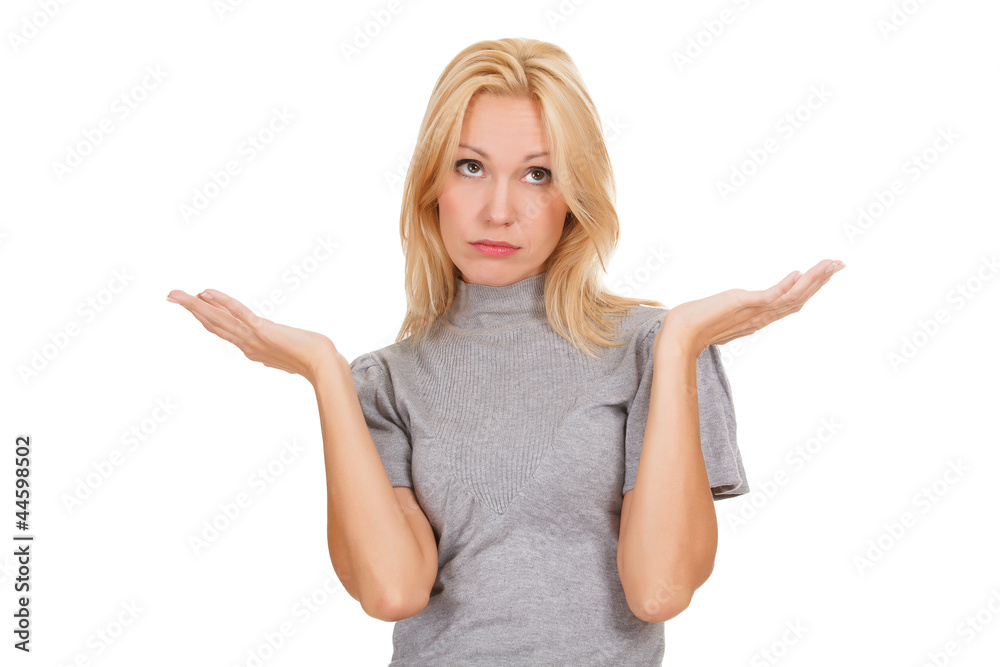 I don't know. Young woman against white background I don't know. Young woman against white background