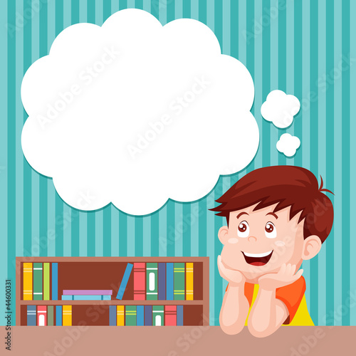 Cartoon boy thinking with white bubble for text