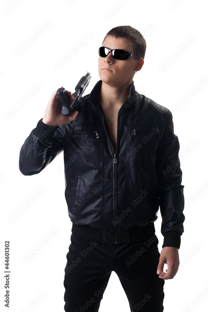 Security officer in black leather with shotgun Security officer in black leather with shotgun