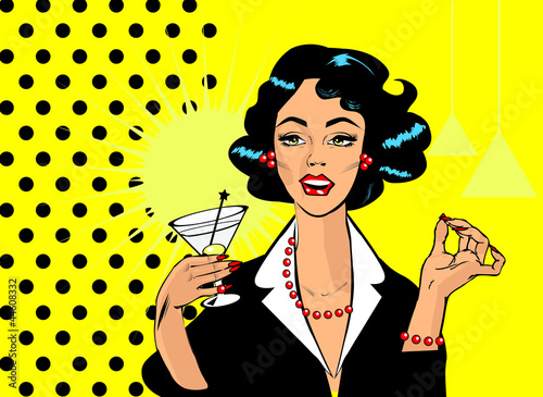 Woman drinking martini or cocktail retro vintage clipart