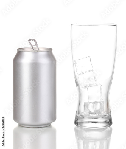 Open aluminum can and glass isolated on white.