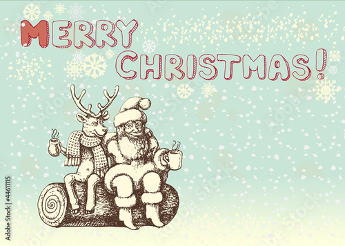 Santa Claus und Renntier Rudolph machen eine Kaffeepause