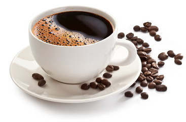 Leinwandbilder Kaffee Bar Kaffeetasse umgeben von gerösteten Bohnen  © volff