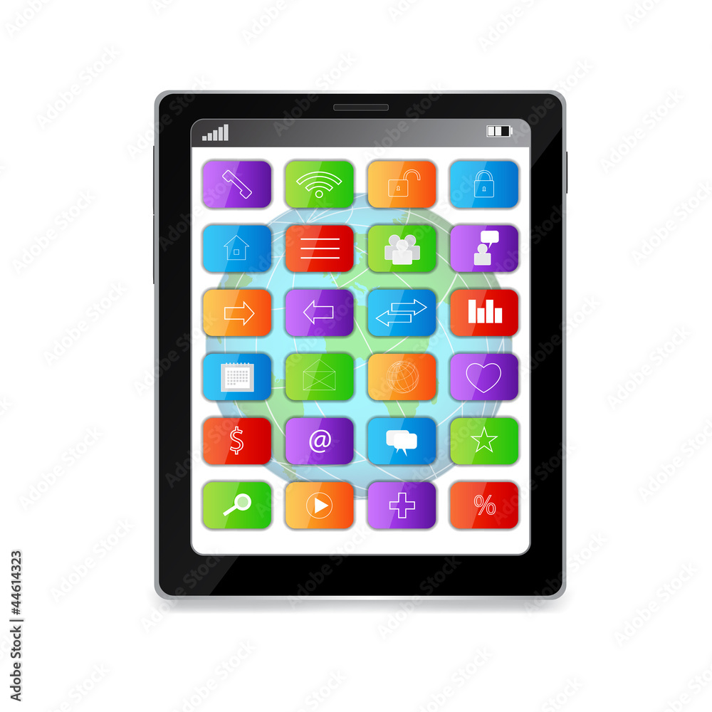 Tablet PC with media icons on display Tablet PC with media icons on display