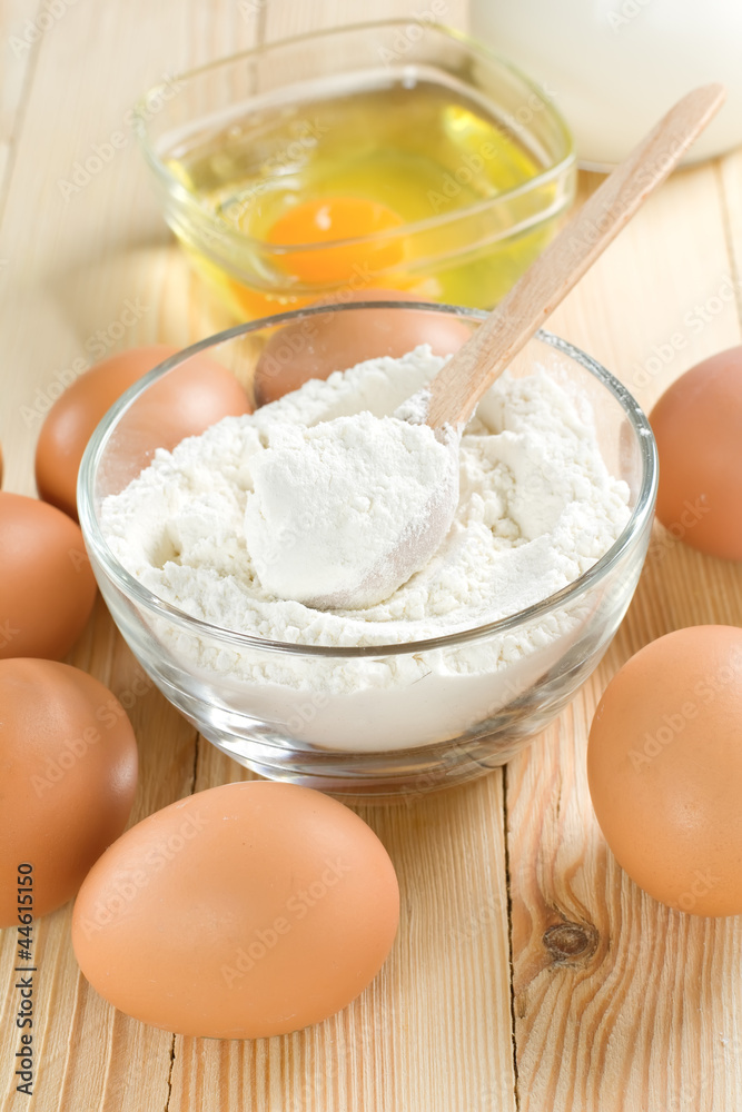 Basic ingredients for dough. Milk, eggs and flour. Basic ingredients for dough. Milk, eggs and flour.