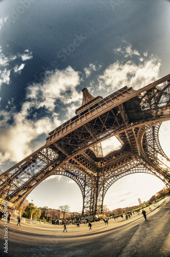 Upward fisheye view of Eiffel Tower in Paris © jovannig