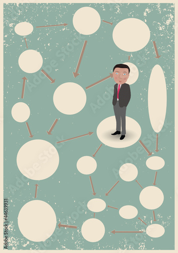 Blank diagram with clouds and businessman on green