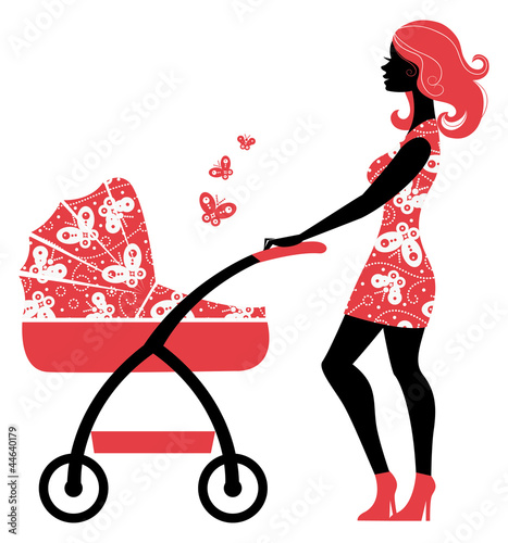 Silhouette of beautiful mother with baby carriage.