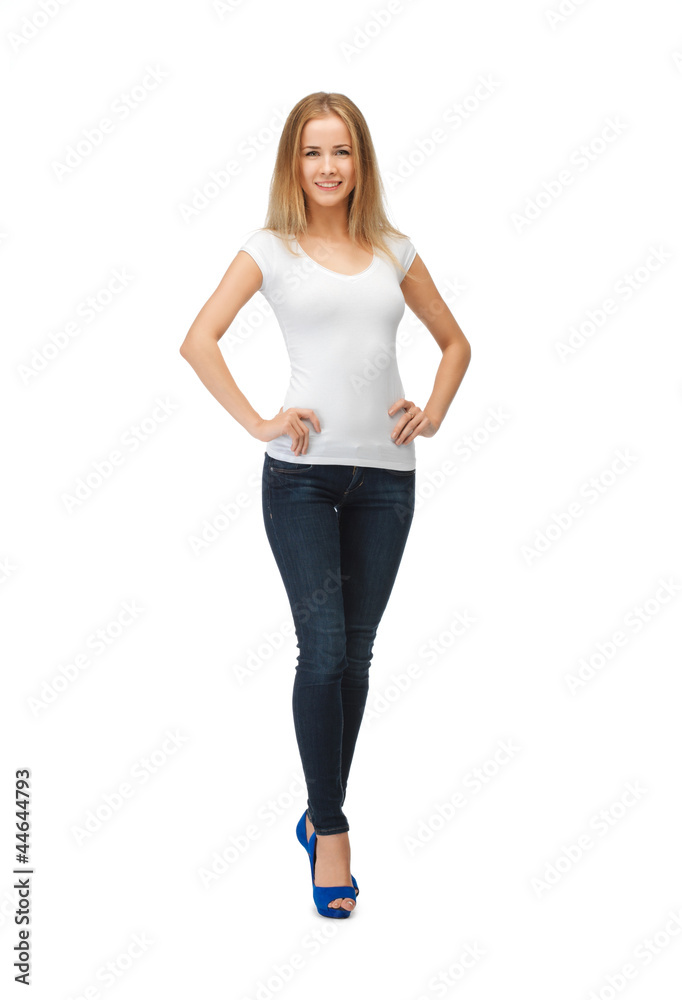 smiling teenage girl in blank white t-shirt smiling teenage girl in blank white t-shirt