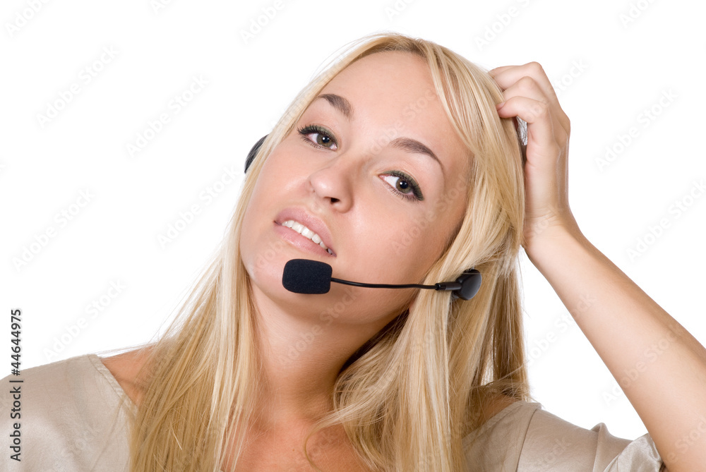 Beautiful young woman with headphones with microphone Beautiful young woman with headphones with microphone