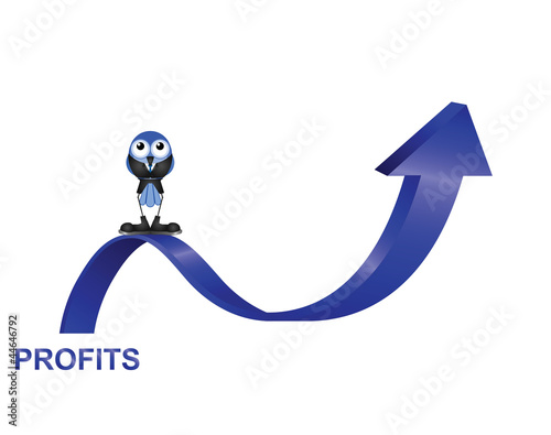 Comical bird businessman with profits up