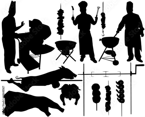 BBQ (barbecue) chef, pork, beef, spit, skewer silhouettes isolated on white background. Layered