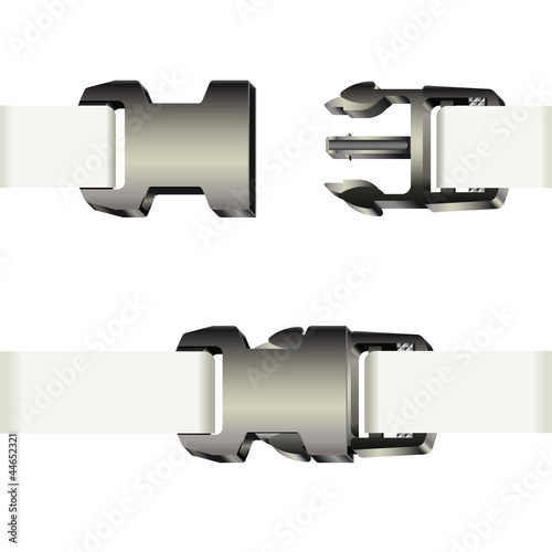 Set of plastic safety buckles with white ribbon