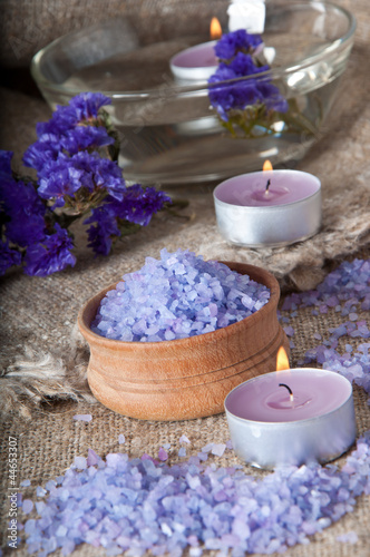 Spa concept. Lavender salt and purple flowers 