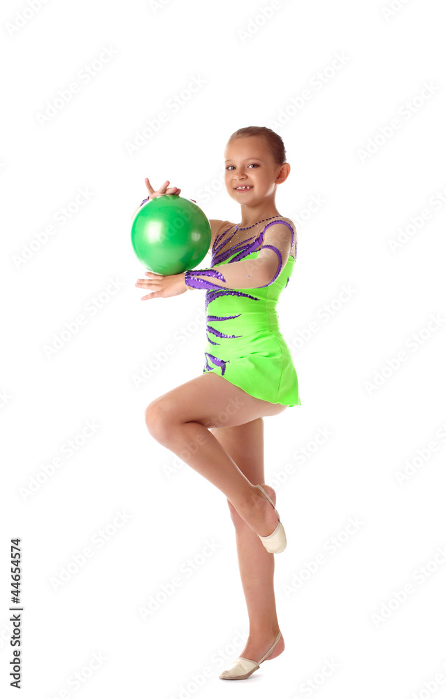 Happy girl stand with green gymnastic ball Happy girl stand with green gymnastic ball