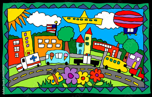 Childlike drawing- busy town