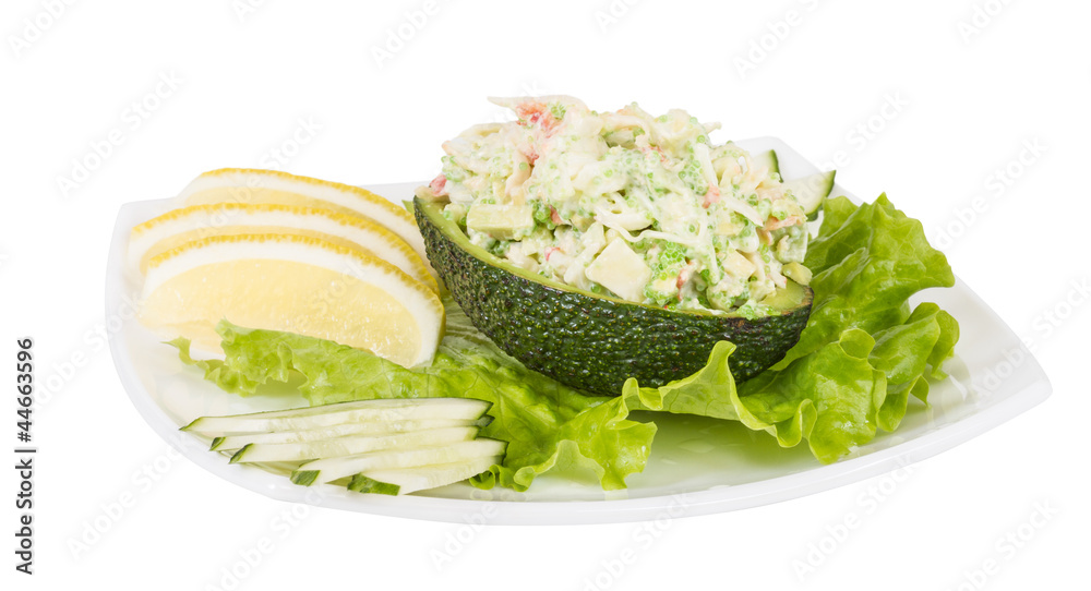 Crab meat salad with green caviar in avocado - japan cusine Crab meat salad with green caviar in avocado - japan cusine