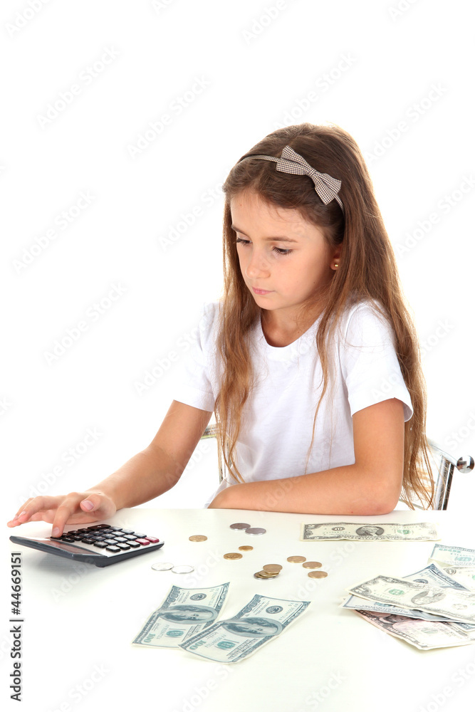 beautiful little girl with money, isolated on white beautiful little girl with money, isolated on white
