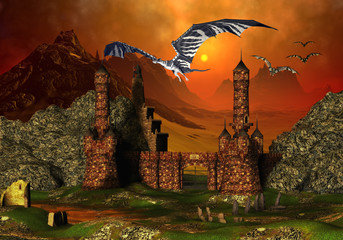 Fotobehang Draken Kasteel met draken in fantasielandschap  © diversepixel