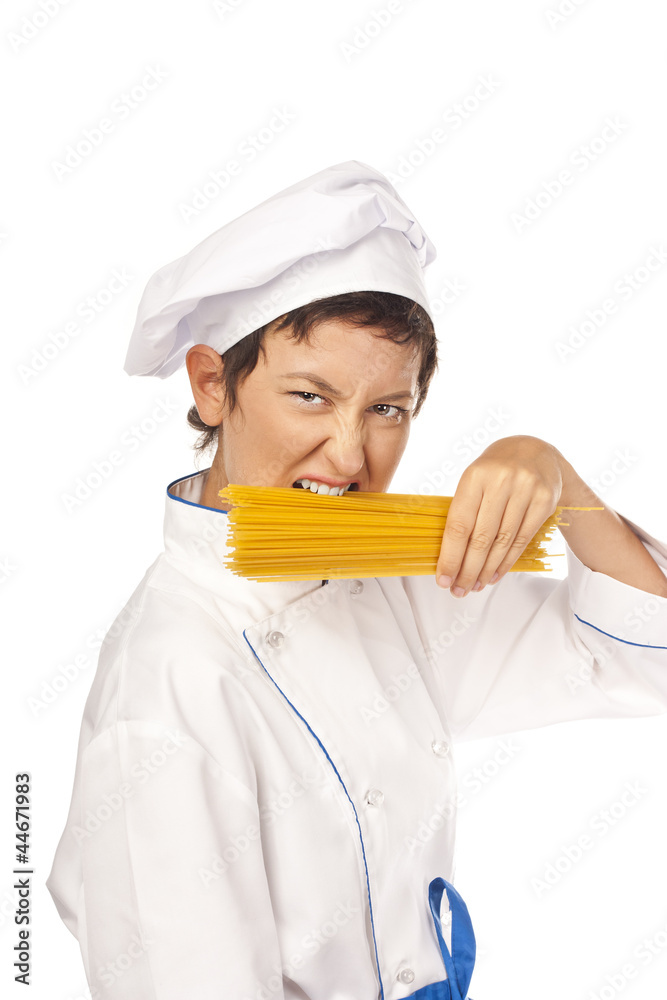 Young chef with fan of spaghetti Young chef with fan of spaghetti