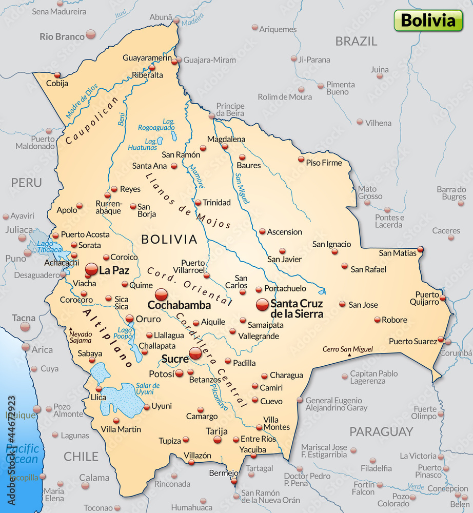 Umgebungskarte von Bolivien mit Orten